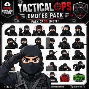 Tactical Ops Twitch Emotes-paket, 30 taktiska soldat-emotes, militära spel-emotes, Discord-emotes, Twitch-emote-paket, soldat-emotes