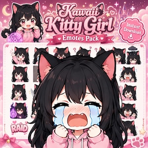 Può includere: Una collezione digitale di emote Kawaii Kitty Girl con un personaggio dai capelli neri e orecchie da gatto in una felpa rosa. Il pacchetto include varie espressioni come piangere, salutare e rabbia, con il testo Kawaii Kitty Girl Emotes Pack.