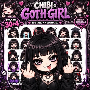 Puede incluir: Un paquete de pegatinas digitales con 30 personajes estáticos y 4 animados de estilo chibi con cabello negro y ropa oscura. La colección incluye varias expresiones y poses, etiquetada como CHIBI GOTH GIRL, con corazones rosas y cadenas.