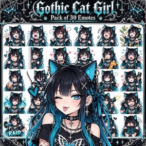 Könnte beinhalten: Eine digitale Sammlung von 30 Anime-Emotes mit dem Titel Gothic Cat Girl, die einen Charakter mit schwarz-blauem Haar, Katzenohren und Schmetterlings-Kleidung in verschiedenen Ausdrücken, Posen und Aktionen wie Winken, Weinen und Essen zeigt.