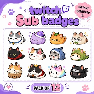 Emblemas de Assinatura de Gatos Fofos para Twitch, 12 Emblemas de Assinatura de Gatos Kawaii, Emblemas de Nível de Gatos Fofos, Ícones de Cargo do Discord, Pacote com 12 Emblemas para Twitch, gatos fofinhos