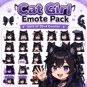 Puede incluir: Una colección digital de 34 emoticonos de chica gato con un personaje de pelo largo negro, reflejos morados y orejas de gato. El conjunto incluye varias expresiones y acciones, etiquetado con el texto Cat Girl Emote Pack.