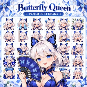 May include: A digital collection of 34 anime-style emotes titled Butterfly Queen, featuring a character with white hair, blue eyes, and blue butterfly accessories. The set includes various expressions and poses, all set against a blue floral background.