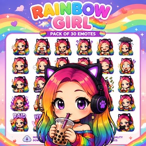 May include: A digital collection of 30 chibi-style emotes titled Rainbow Girl, featuring a character with rainbow-coloured hair and cat-ear headphones. The emotes display various expressions and actions, including drinking boba tea and gaming.