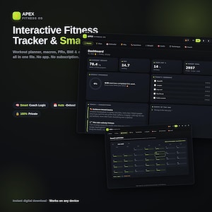May include: Apex Fitness OS interactive fitness tracker digital dashboard interface. Features include workout planner, macros, PRs, BMI, and body fat tracking. The dark-themed display shows a dashboard with weight, BMI, body fat, and daily workout lists.