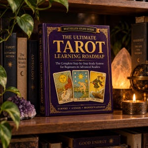 May include: A purple hardcover book titled The Ultimate Tarot Learning Roadmap with gold lettering and decorative borders. The cover features illustrations of The Sun, The Star, and The Fool tarot cards, with text indicating a 14-book study system.
