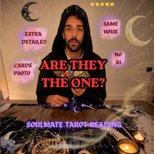 May include: A tarot reading service advertisement featuring the text ARE THEY THE ONE? and SOULMATE TAROT READING. The image includes floating text labels: EXTRA DETAILED, SAME HOUR, CARDS PHOTO, and NO AI, alongside moon and star graphic elements.