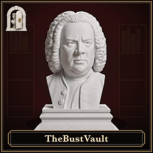 May include: A white stone-coloured bust of Johann Sebastian Bach featuring a detailed wig with curls, a period-style coat with buttons, and a square base. The image includes a small logo in the top left corner and the text TheBustVault at the bottom.