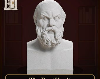 May include: A light gray stone-textured bust of the philosopher Socrates, featuring a detailed curly beard, furrowed brow, and bald head. The sculpture is presented against a dark background with the text TheBustVault at the bottom.