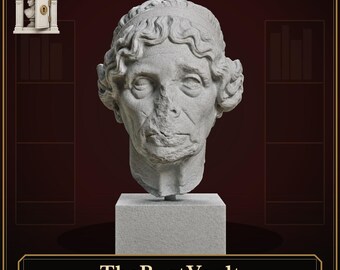 May include: A light gray stone-colored bust of an individual with curly hair and a headband, mounted on a square pedestal. The facial features show signs of weathering, including a damaged nose area. The text TheBustVault appears below.