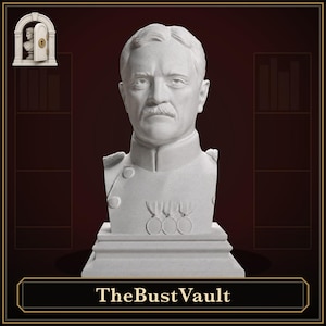 May include: A white stone-textured bust of a man with a mustache, wearing a military-style uniform with epaulets and three medals on the chest, set on a square base. The text TheBustVault is displayed in a rectangular frame at the bottom.