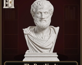 May include: A white stone bust of a bearded man with short hair, wearing a draped garment fastened with a circular brooch on the shoulder. The sculpture sits on a rectangular base. The text TheBustVault appears at the bottom of the frame.