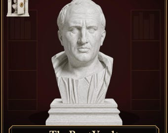 May include: A white stone-textured bust of a man with short hair and a draped garment, set on a rectangular base. The image features a small logo in the top left corner showing an open door with a bust inside and the text TheBustVault at the bottom.