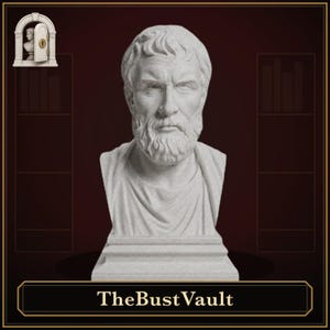 May include: A light gray stone-textured bust of a bearded man with short hair, depicted from the chest up. The sculpture rests on a square base. Below the bust, the text TheBustVault is displayed in a white serif font within a rectangular frame.