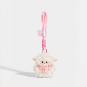 White Curly Sheep Plush Keychain, Lamb with Pink Plaid Bandana Wrist Lanyard, Mini Sheep Bag Charm, Backpack Pendant, Cottagecore Gift