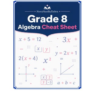 May include: A Grade 8 Algebra cheat sheet with a dark blue header and white background. The text reads Grade 8 Algebra Cheat Sheet and NovaNestByDebra. It features various mathematical equations, algebraic expressions, and coordinate graphs.