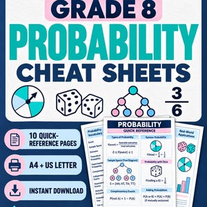 May include: Grade 8 Probability Cheat Sheets by NovaNestByDebra. Educational resource featuring 10 quick-reference pages for A4 and US Letter sizes. Includes probability vocabulary, tree diagrams, dice, spinners, and real-world math applications.