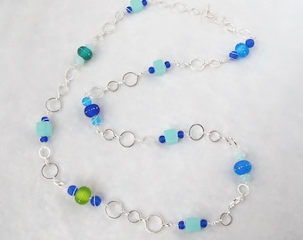 Sea Glass and Sand Pebbles Necklace with Adjustable Silver Chain