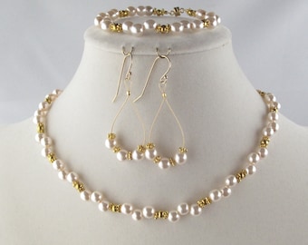 Pearl and Gold Bubbles Wedding Necklace, Bracelet, and Earring Set