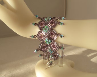 Fringed Crystal and Bugle Bead Diamonds Bracelet in Purple and Turquoise