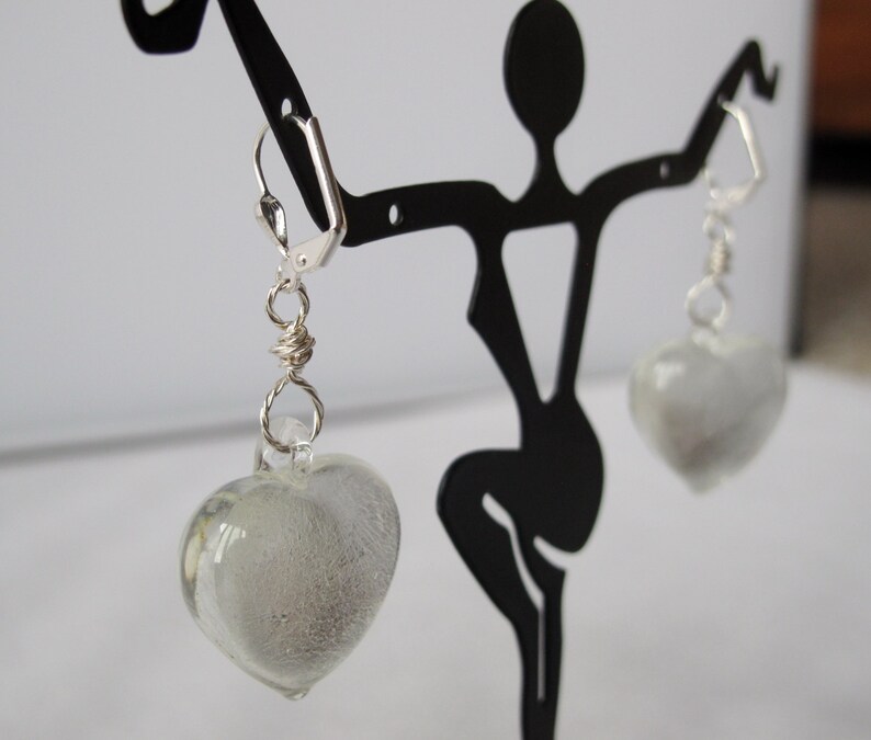 Silver Foil-Lined Glass Heart Earrings on Leverback Ear Wires image 5