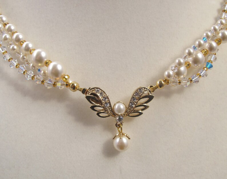 Triple Strand Pearl & Crystal Necklace With Decorative Front Clasp Etsy