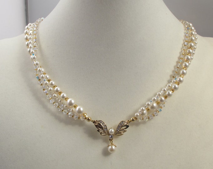 Triple Strand Pearl & Crystal Necklace With Decorative Front Clasp - Etsy