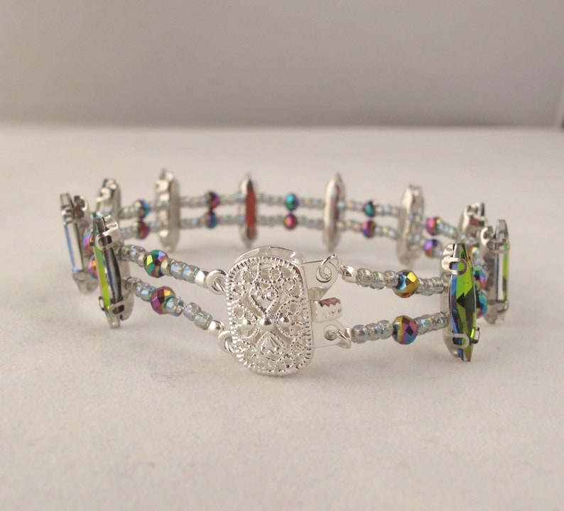 Crystal Navette 2 brins Bracelet avec fermoir en boîte en filigrane et