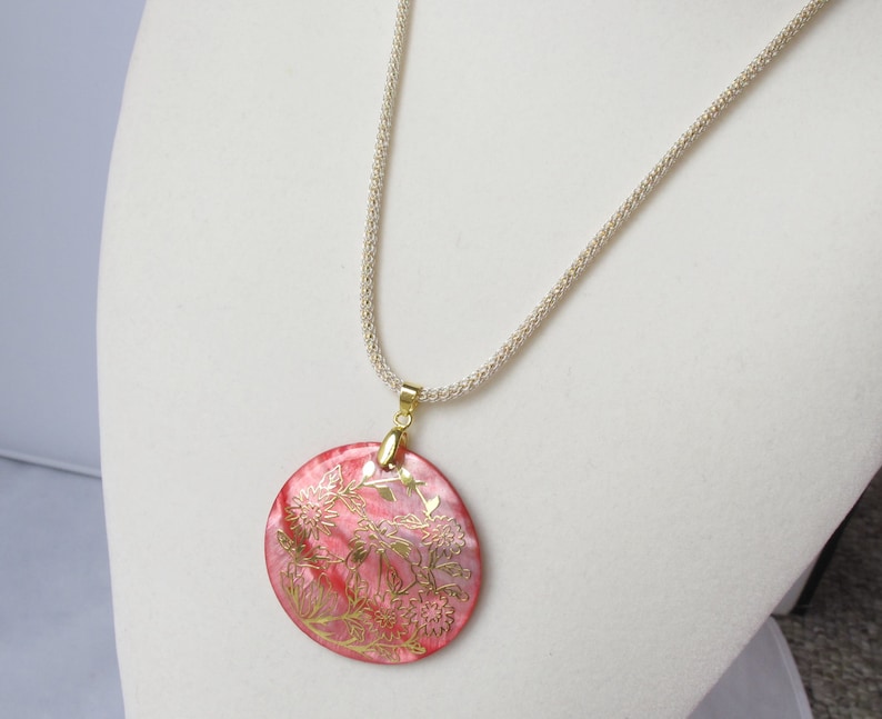 Coral Pink Mother of Pearl Pendant with Gold Inlay on Capture Cord image 2