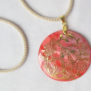 Coral Pink Mother of Pearl Pendant with Gold Inlay on Capture Cord image 1