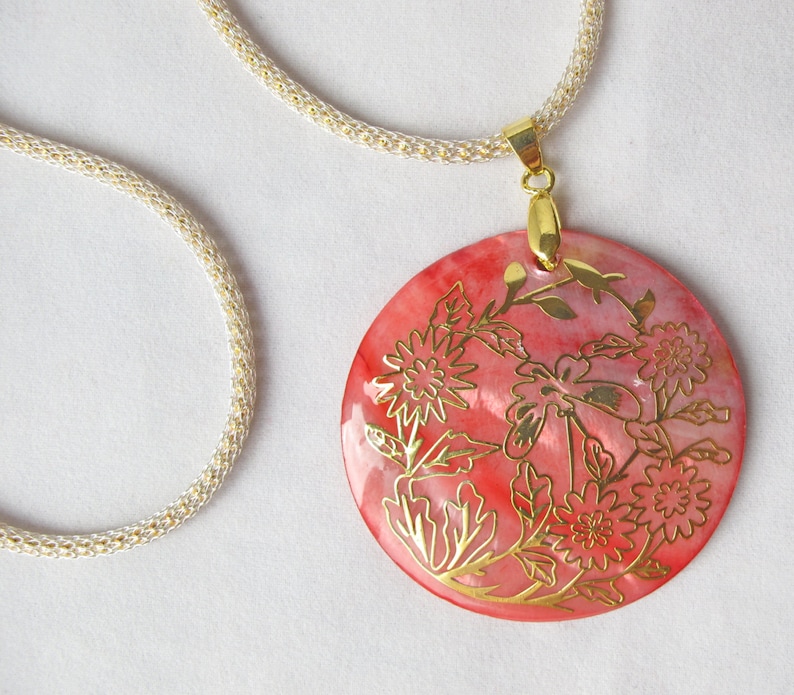 Coral Pink Mother of Pearl Pendant with Gold Inlay on Capture Cord image 1