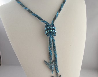 Blue Lariat Necklace with Swarovski Crystal Slider and Boro Glass Arrowheads