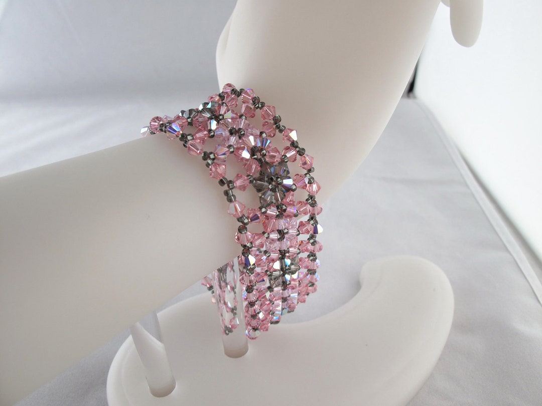 Pink & Grey Crystal Lace Bracelet Woven Cuff Etsy UK