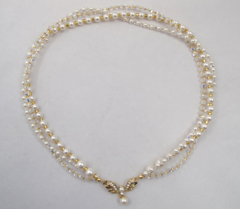 Triple Strand Pearl & Crystal Necklace With Decorative Front Clasp - Etsy