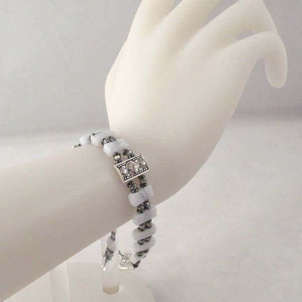 Blue Lace Agate 2-strand Bracelet with Crystal and Antique Silver Slider Accents