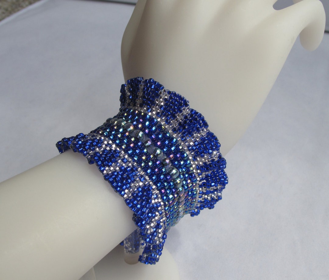 Ruffled Cuff in Cobalt Blue and Silver With Button Clasp - Etsy