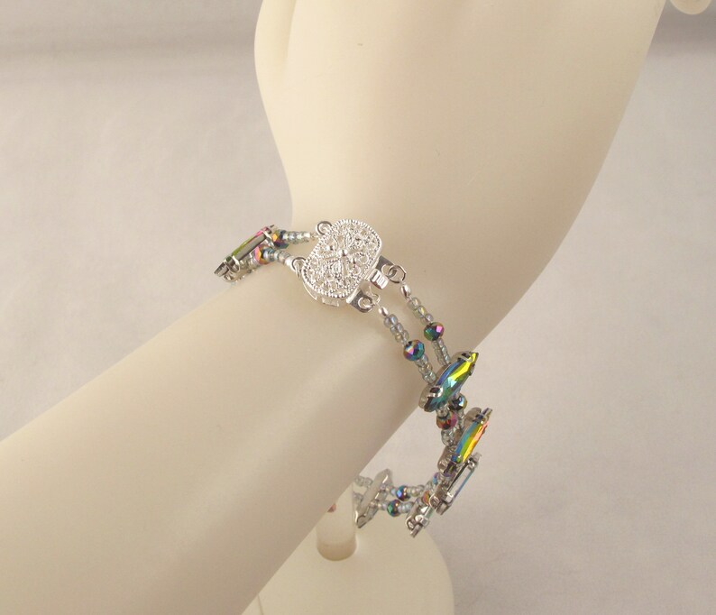 Crystal Navette 2 brins Bracelet avec fermoir en boîte en filigrane et