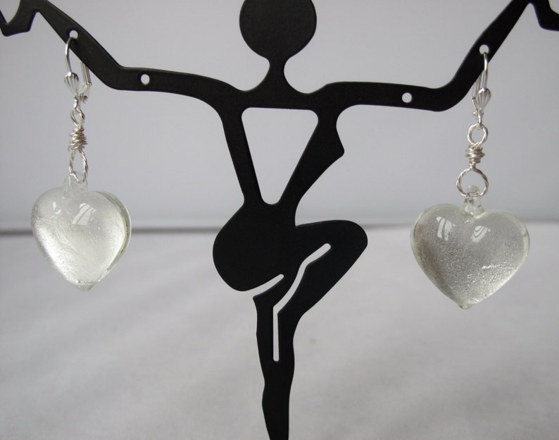 Silver Foil-Lined Glass Heart Earrings on Leverback Ear Wires image 2