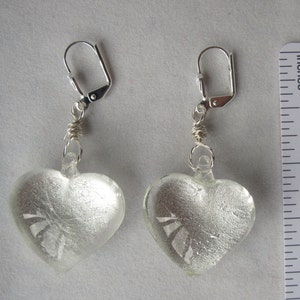 Silver Foil-Lined Glass Heart Earrings on Leverback Ear Wires image 1