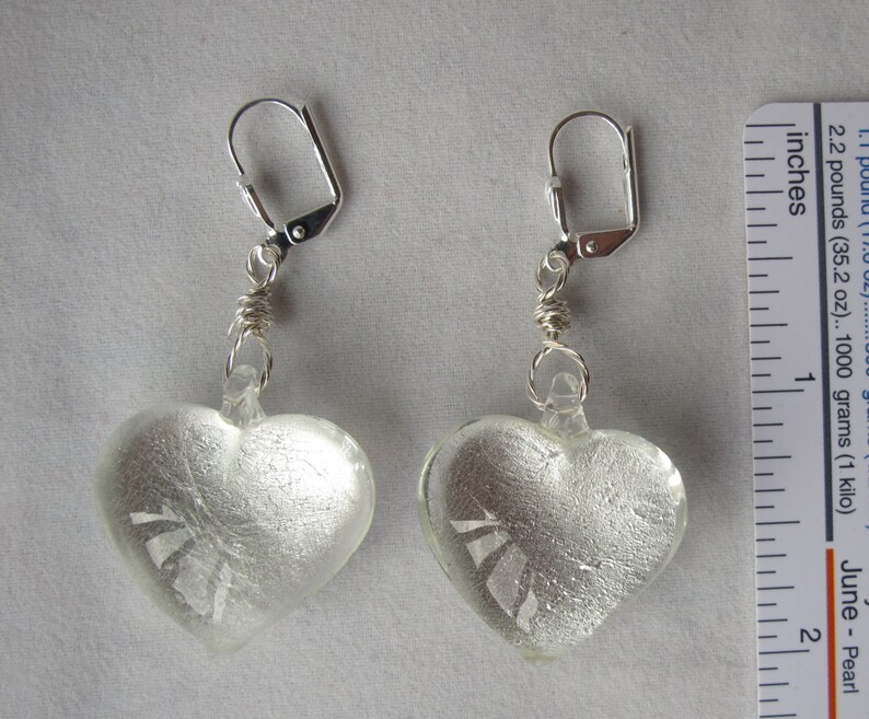 Silver Foil-Lined Glass Heart Earrings on Leverback Ear Wires image 1