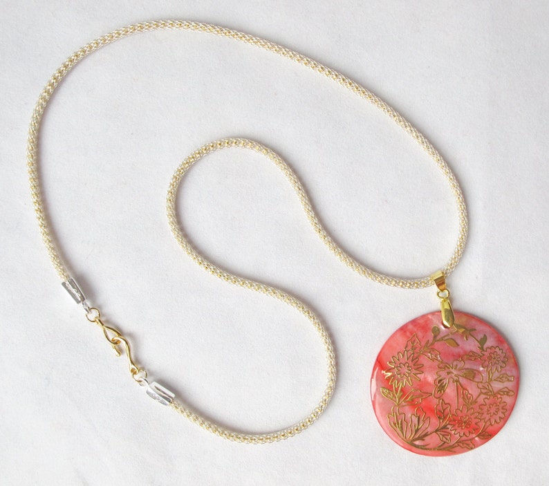 Coral Pink Mother of Pearl Pendant with Gold Inlay on Capture Cord image 4