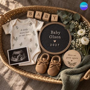 Puede incluir: Un body de bebé color crema con estampado de hojas verdes y el texto A little more love in our story, un tablero de fieltro gris oscuro con Baby Olson 2027, una ecografía, zapatos de bebé color canela y un disco de madera con texto.