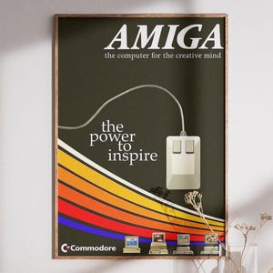 May include: A framed poster featuring a dark background with the text AMIGA, the computer for the creative mind, and the power to inspire. A beige computer mouse with a cord, colourful orange and red stripes, and four small computer icons.
