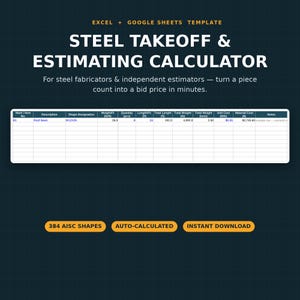 May include: A digital spreadsheet template titled Steel Takeoff & Estimating Calculator for Excel and Google Sheets. The interface displays columns for item numbers, descriptions, shape designations, weights, quantities, lengths, and costs.