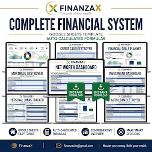 Puede incluir: Una plantilla de sistema financiero digital para Google Sheets de FinanzaX que incluye varios paneles como Net Worth, Credit Card Destroyer, Mortgage Destroyer, Investment y Personal Loans Tracker con fórmulas calculadas automáticamente.