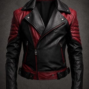 Puede incluir: Una chaqueta de cuero para motocicleta en color negro y rojo con cremallera frontal asimétrica, solapas anchas con botones de presión plateados, paneles acolchados en los hombros, bolsillos laterales con cremallera y cinturón.
