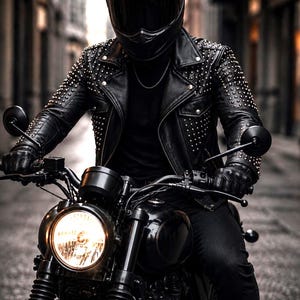 May include: A black leather motorcycle jacket featuring silver metal studs across the shoulders and sleeves, worn with a black helmet, black gloves, and black trousers while operating a black motorcycle with a round illuminated headlight.