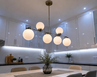 Modern Brass Globe Chandelier, 6-Light Opal Glass Ceiling Fixture, Mid Century Dining Room Pendant, Luxury Kitchen Lighting