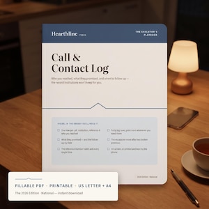 Executor Call Log, Fillable PDF Phone Call Tracker for Estate Settlement, Probate Call Record, Bank and Agency Contact Log, Letter A4