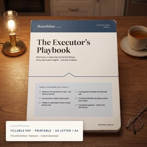 May include: A white and dark blue book titled The Executor's Playbook, The Executor Series, 2026 Edition - National. The cover lists contents including week one calls, account-closure letters, probate, call logs, funeral bills, and blank explanations.